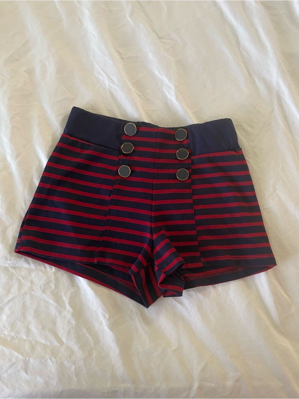 Navy and Red Striped High-Waist Button Front Shorts